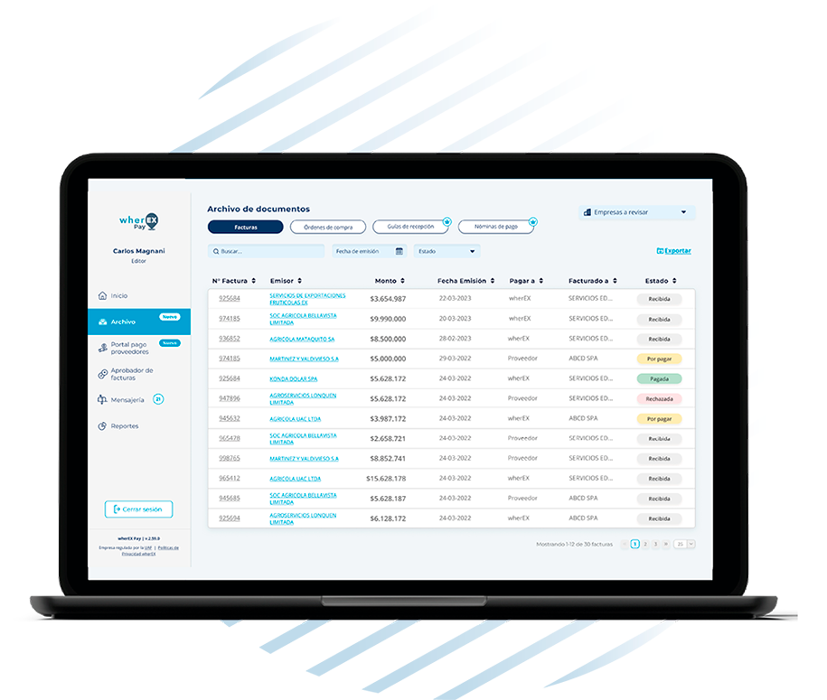 Área de Tesorería - wherEX Pay - Monitor de Documentos